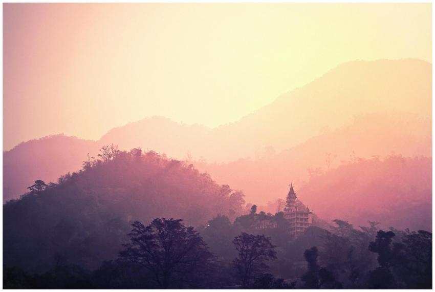 A tranquil view of Rishikesh mountains and temple