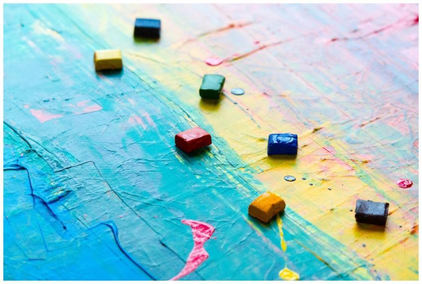 Abstract painting showcasing vibrant colors and cu