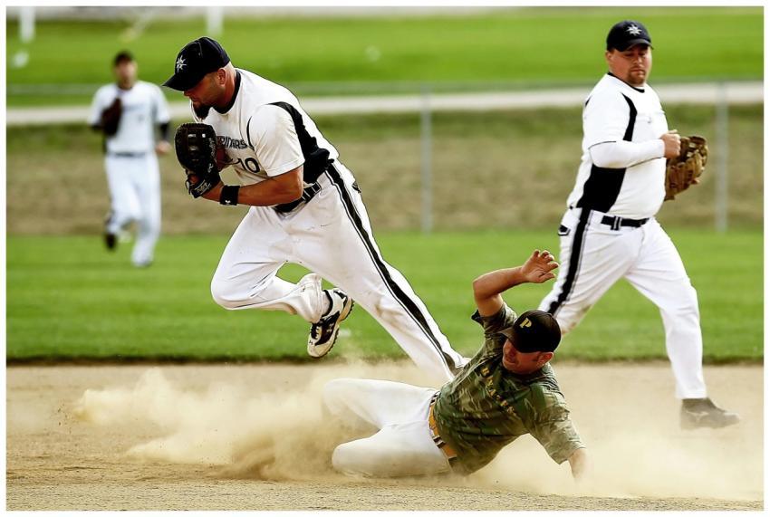 Dynamic baseball scene capturing players in action