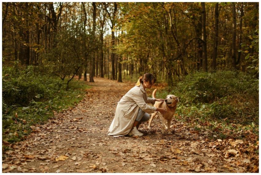 A woman kneels petting her dog on a forest path, s