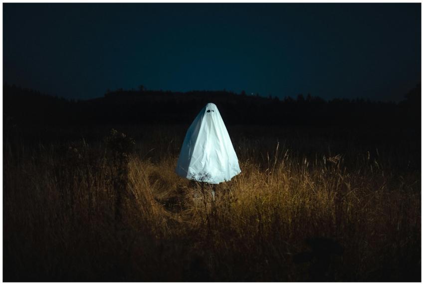 Eerie ghost in a white sheet standing alone in a d