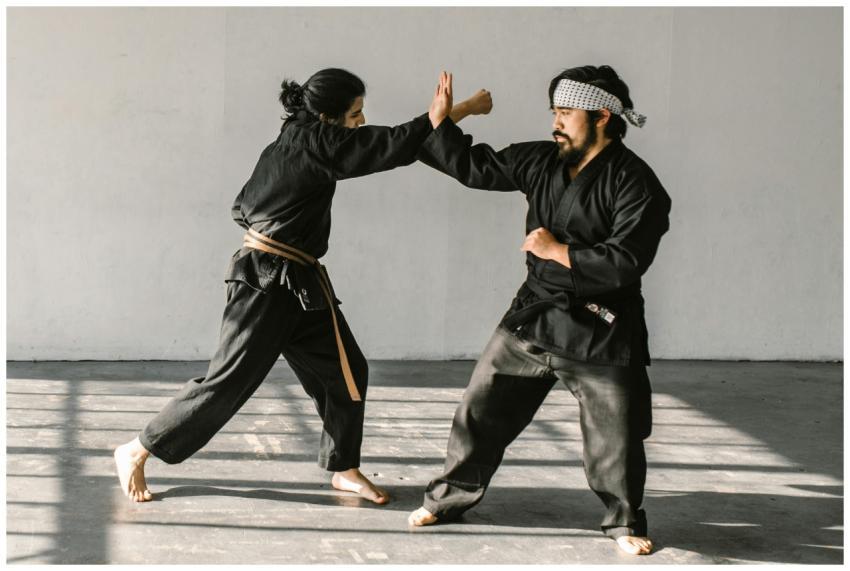 Two martial artists practice techniques in a sunli