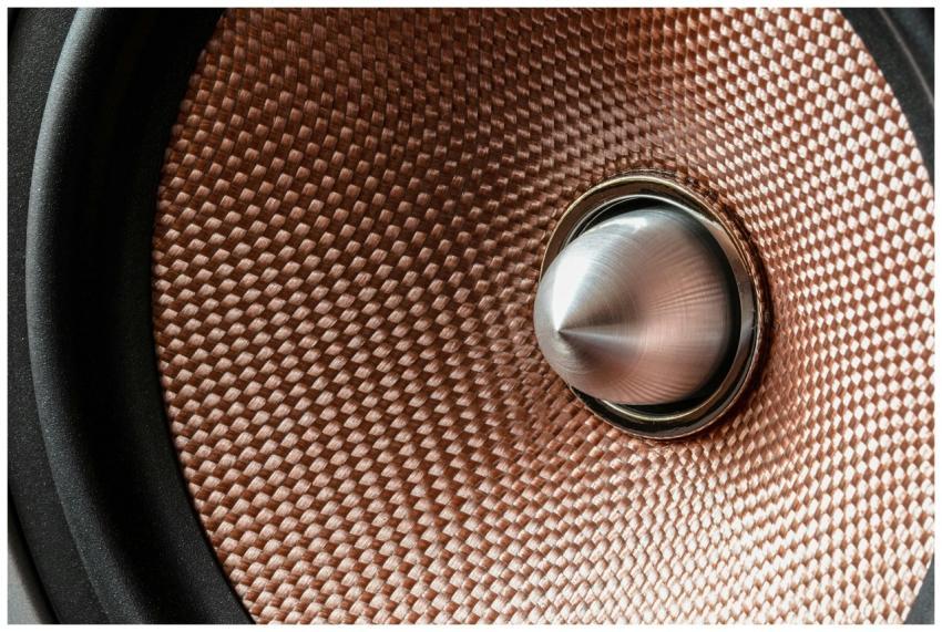 Detailed view of a metallic speaker cone with text