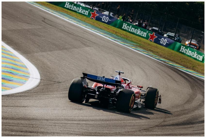 Dynamic Formula 1 race car speeding on Interlagos