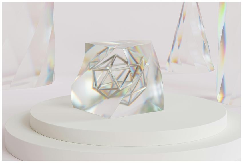 Futuristic geometric crystal art on a minimalist w