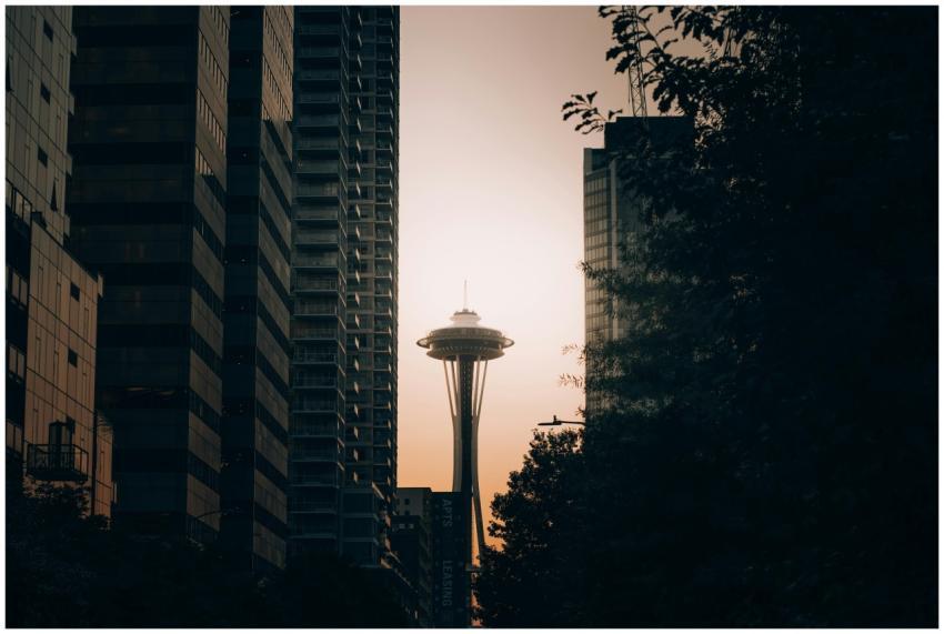 The Space Needle framed between modern skyscrapers
