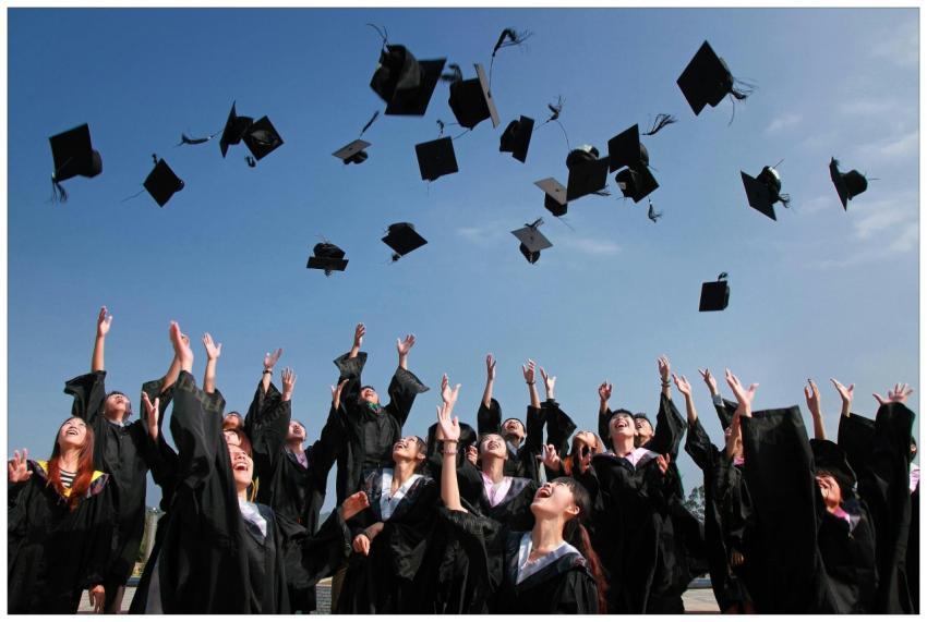Group of graduates celebrating by throwing caps in