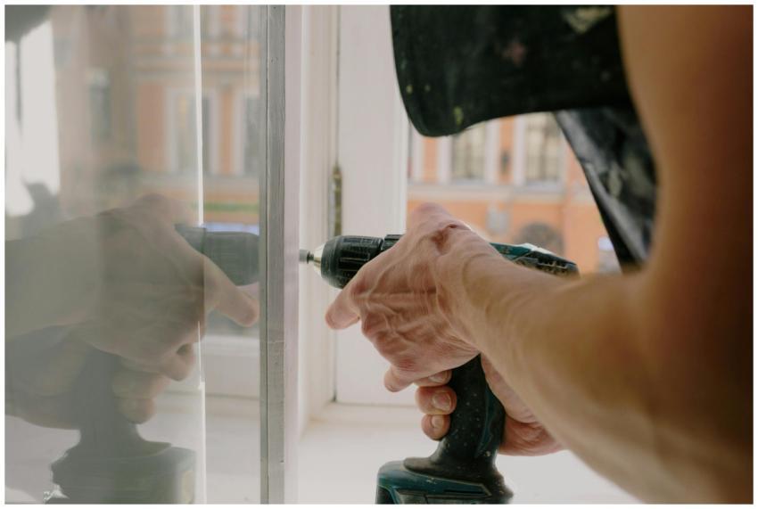 Close-up of a handyman's hands using a drill to fi