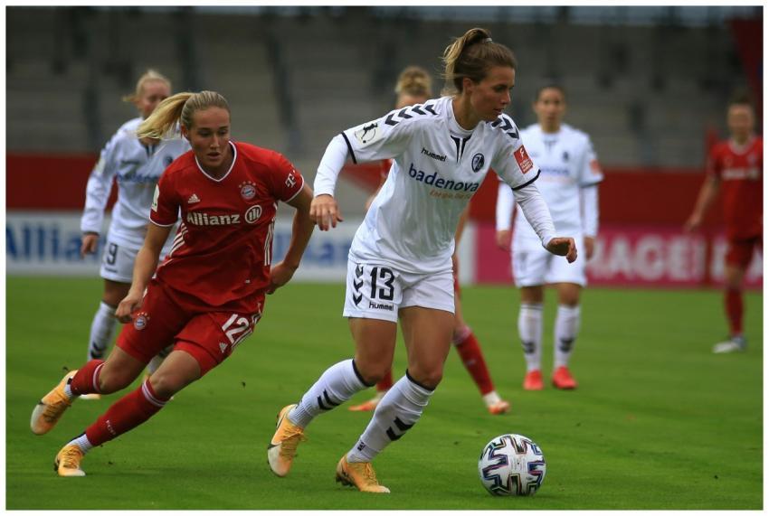 Action shot of women soccer players competing in a