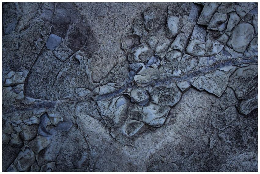 Close-up view of an abstract stone surface display