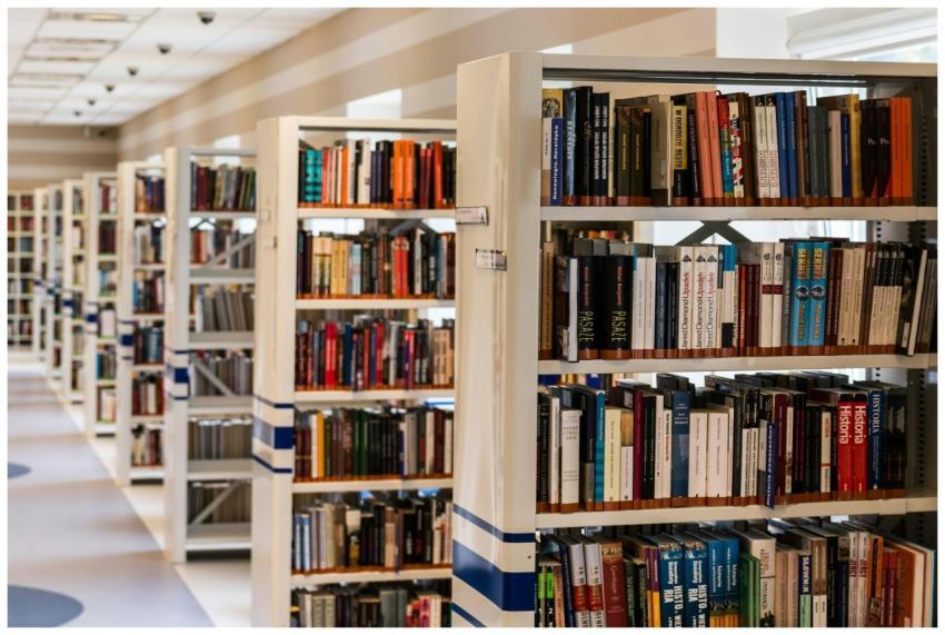 A well-organized library with rows of bookshelves
