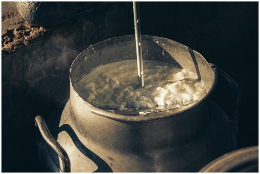 Close-up of creamy milk being churned in a vintage