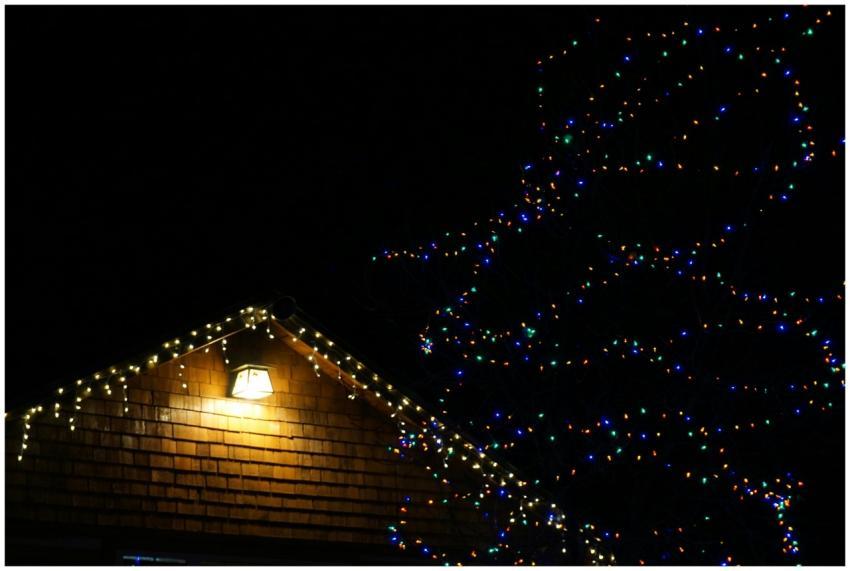 A cozy house illuminated by colorful string lights