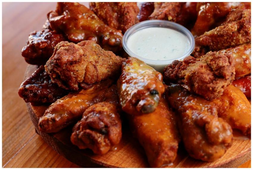 Close-up of assorted buffalo chicken wings served