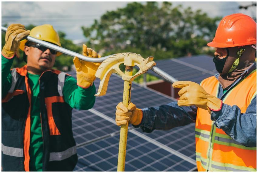 Two construction workers assembling solar panel eq