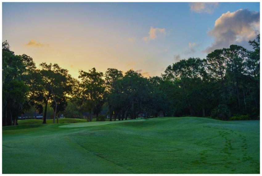 A serene golf course landscape at sunset in Savann