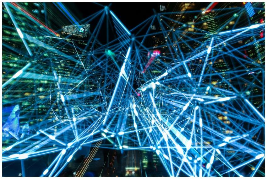 Dynamic urban scene showcasing interconnected ligh