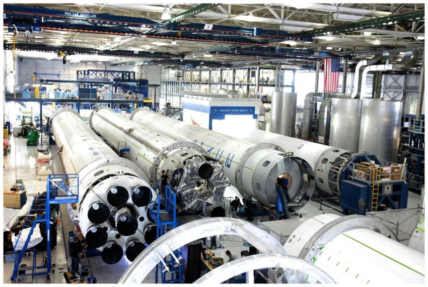 View of a spacecraft assembly line with rockets in