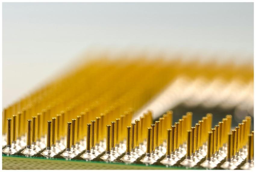 Detailed macro shot of a CPU microchip with focus