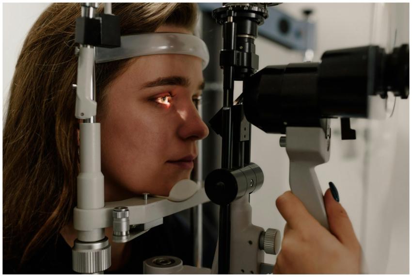 A woman undergoing an eye examination using a slit