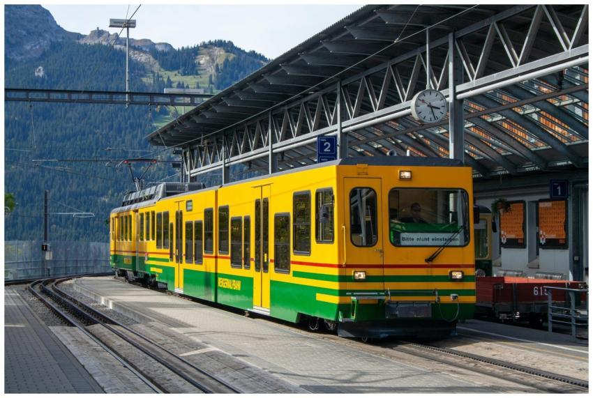 Wengernalpbahn train at a Swiss mountain station,
