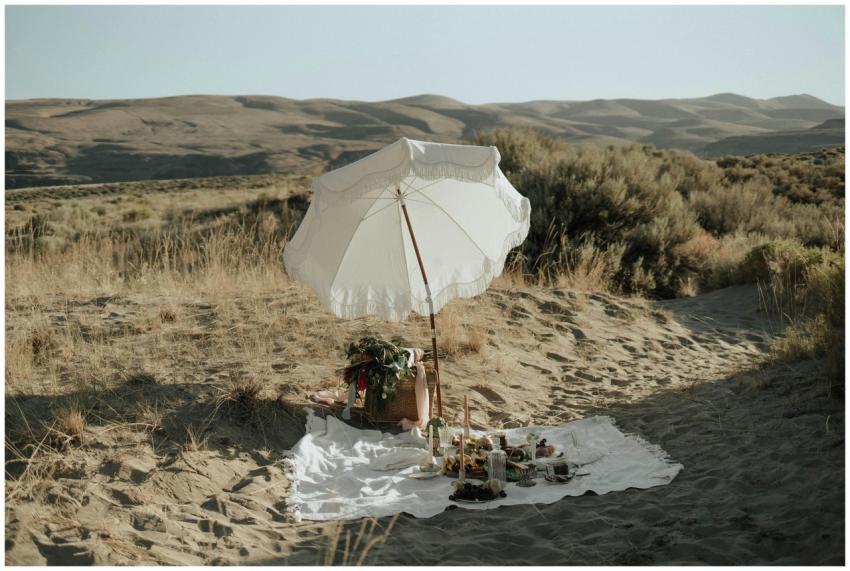 A tranquil picnic setup with food and drinks under