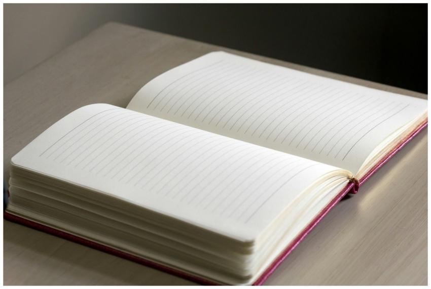 Open lined notebook on a wooden desk with soft nat