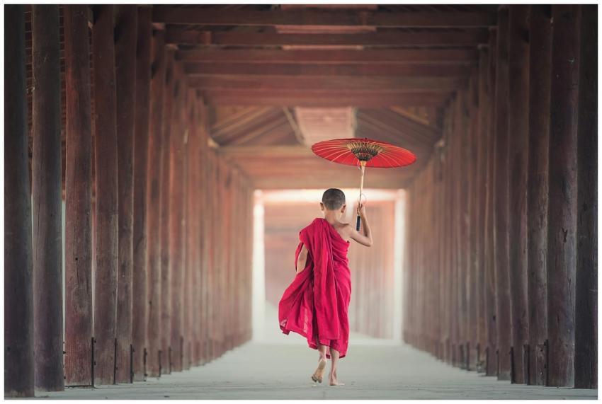 A child monk holding a parasol walks through a tra