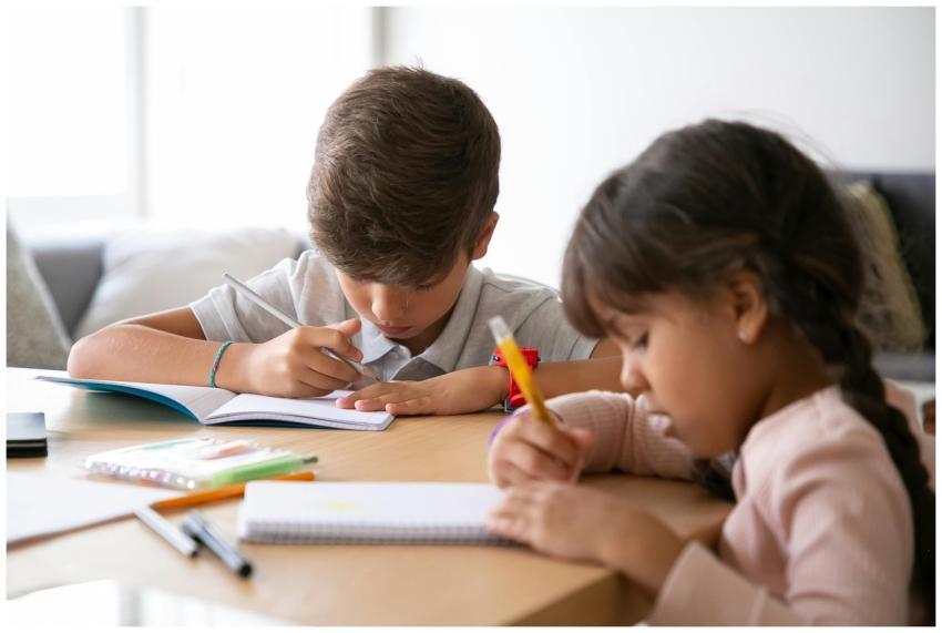 Two children studying together at home, focused on