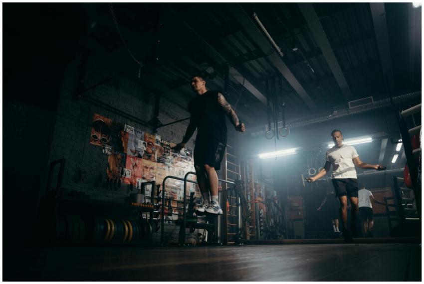 Two men actively skipping jump ropes in a dimly li
