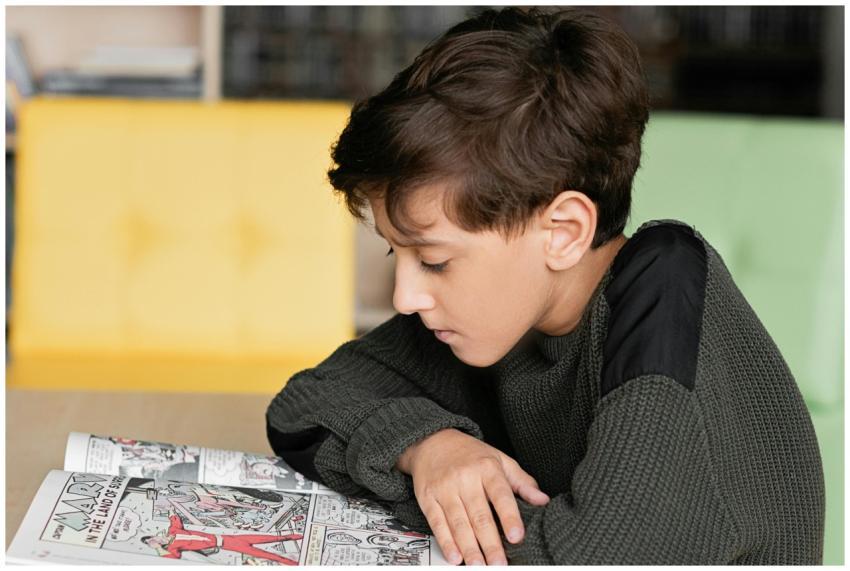 A young boy deeply focused on reading a comic book