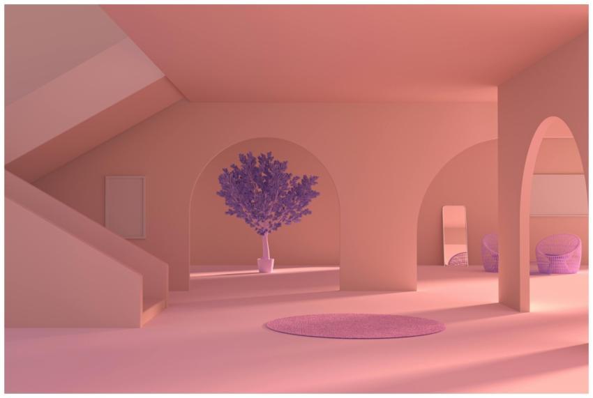 A serene minimalist interior space with arched ope