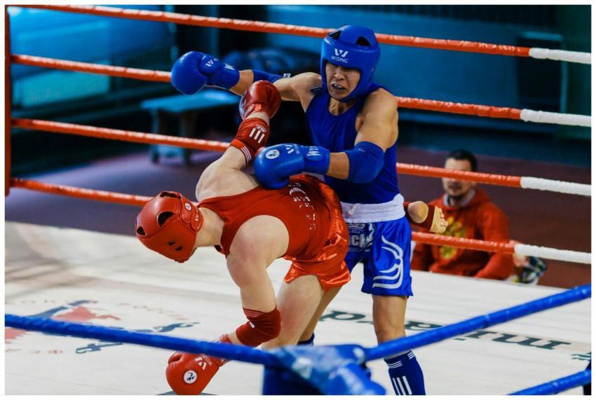 Two martial artists compete fiercely in a boxing r