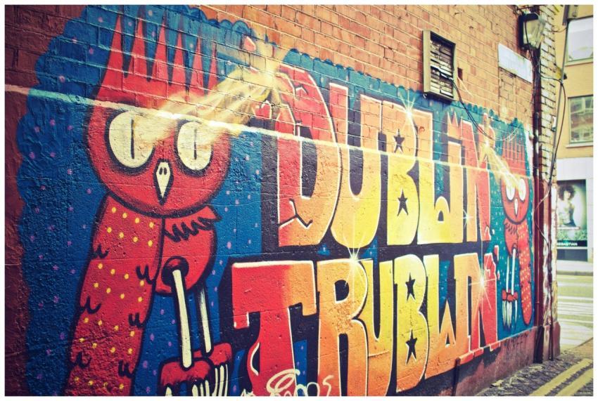 Colorful graffiti art featuring owl and Dublin Tru