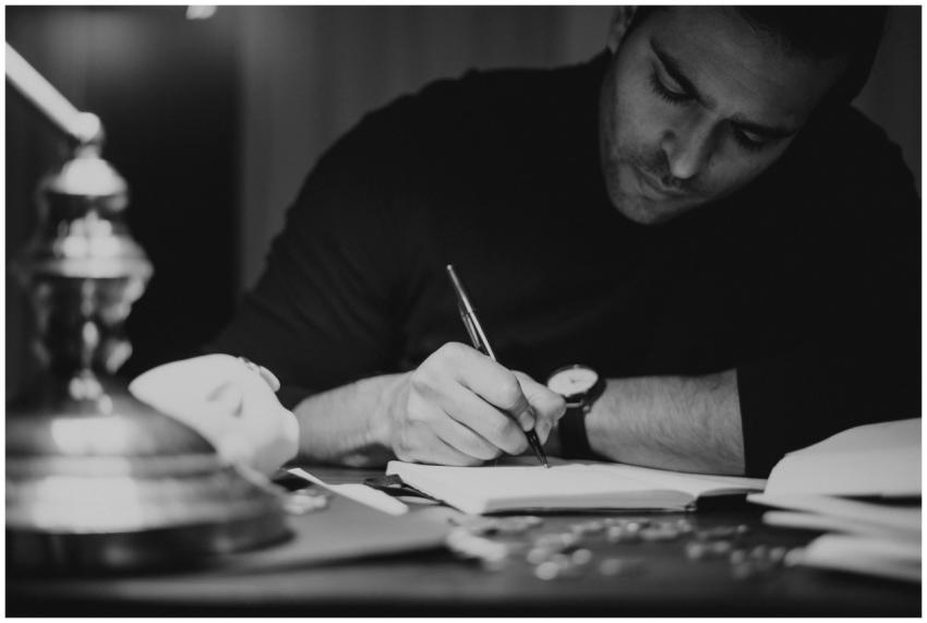 A man writing at a desk under dim lighting, concen