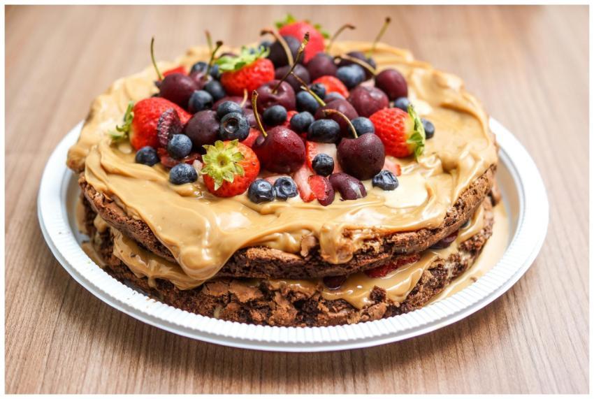 Delicious layered chocolate cake with fresh berrie
