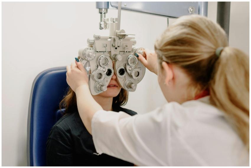 Optometrist using a phoropter for a patient's eye