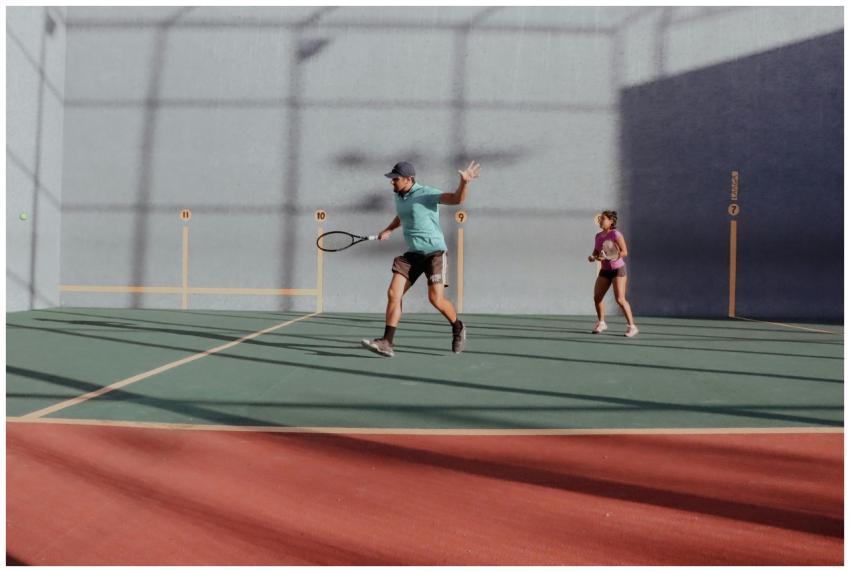 Dynamic tennis match on an outdoor court with a ma