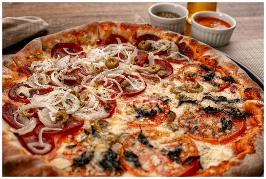 Close-up of a delicious Italian pizza with various