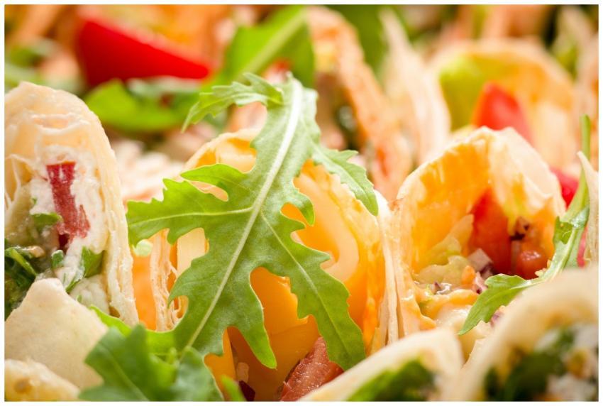 Vibrant close-up of fresh vegetable wraps garnishe