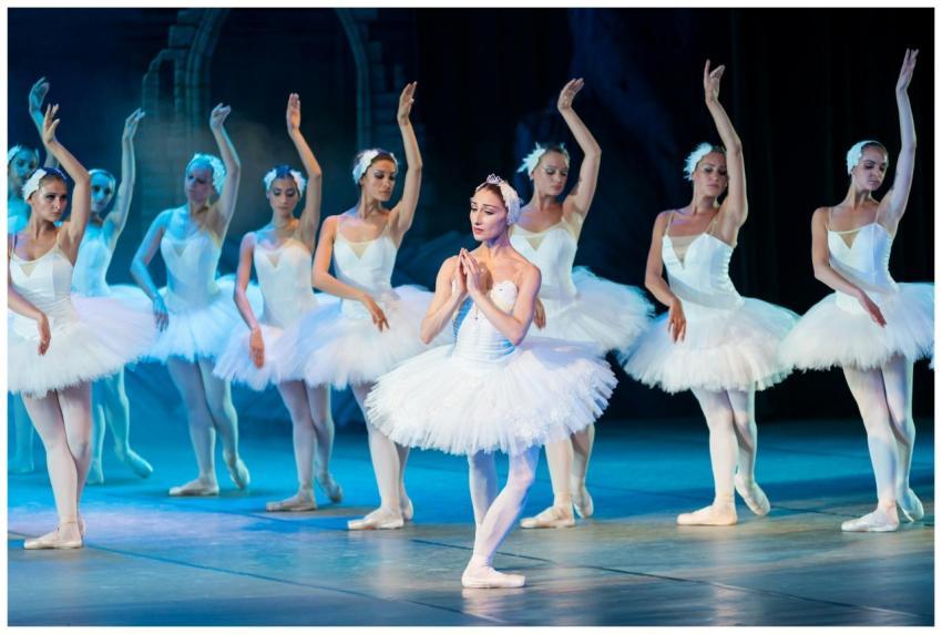 Elegant ballerinas performing Swan Lake ballet on