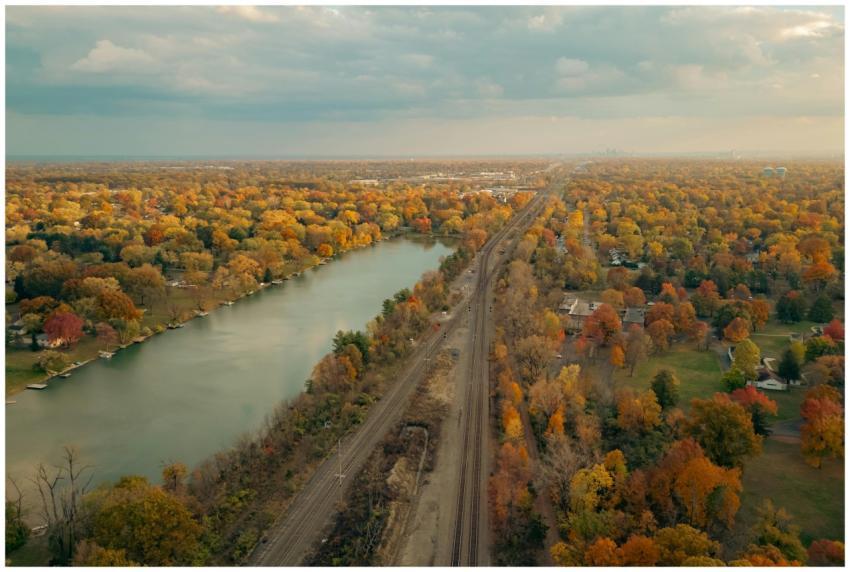 Aerial Scenic River Railroad