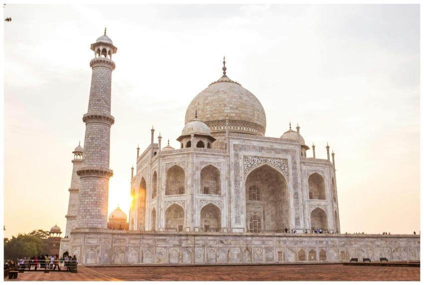 Stunning view of the Taj Mahal at sunset, highligh