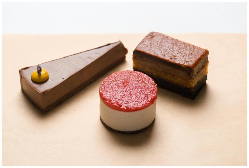 Three gourmet desserts including cheesecake and ch