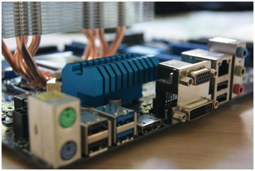 Detailed view of computer motherboard with various