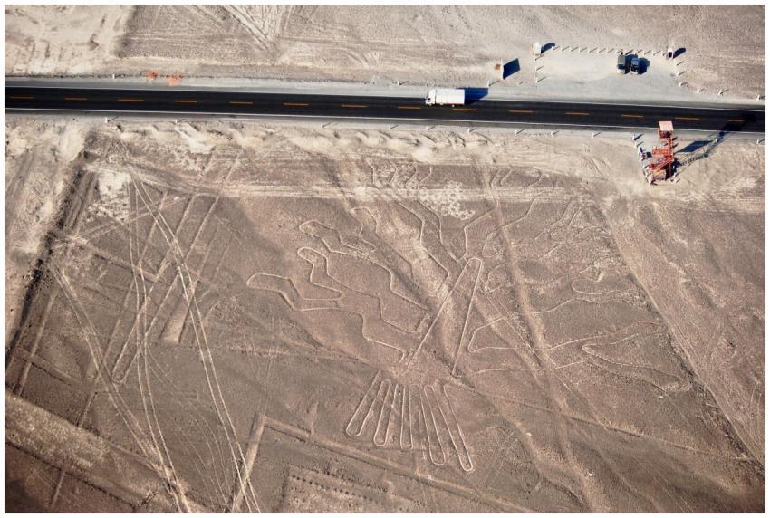 Aerial view showing the ancient Nazca Lines geogly