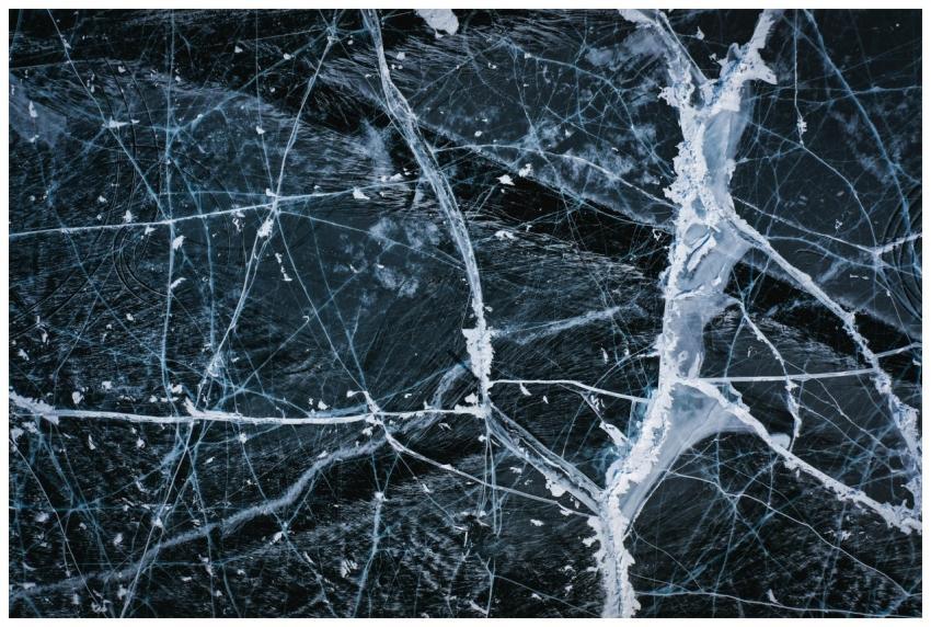 Aerial view of intricate ice cracks on Lake Baikal