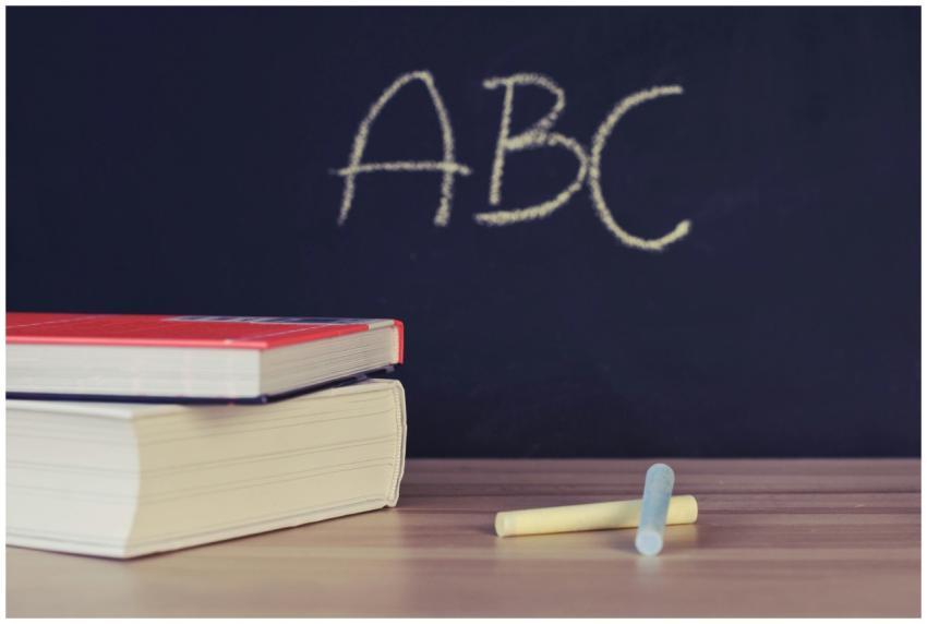 Stack of books and chalk on desk with ABC on black