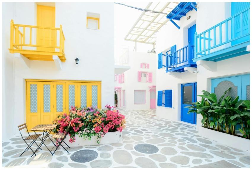 Vibrant Mediterranean architecture with colorful d