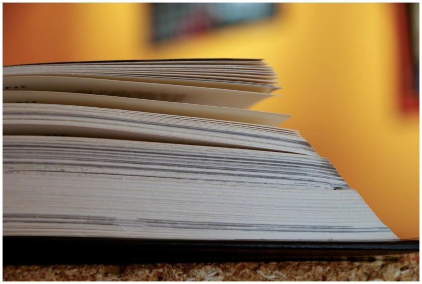 A close-up view of an open book with pages turning